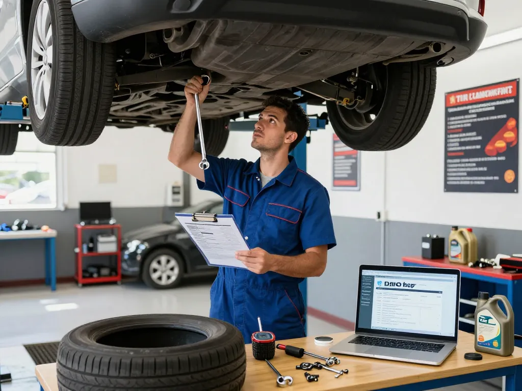 Vehicle inspection Turo: mechanic checking car with tools and checklist in workshop.