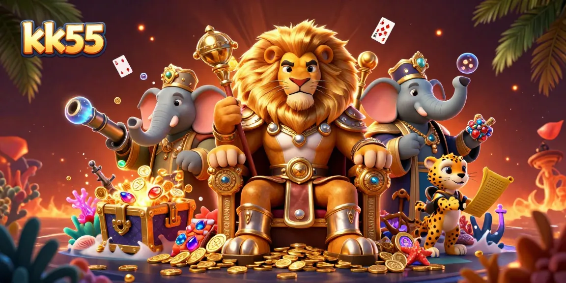 Immerse in the thrilling world of kk55 as cartoon characters celebrate with gold coins and vibrant casino elements.