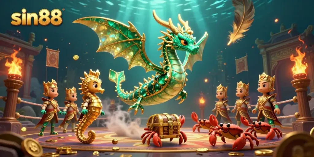 Experience thrilling gameplay with sin88, featuring a majestic sea dragon and treasure hunting action.