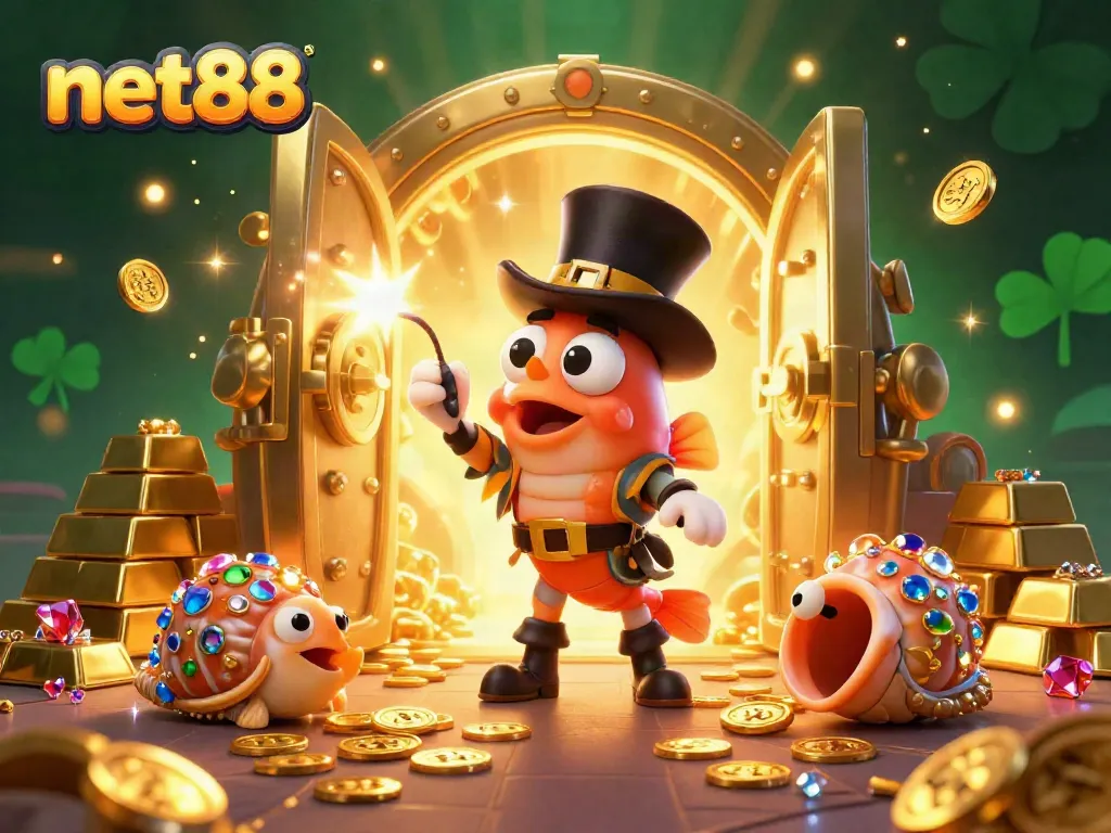 Win big with net88 in a vibrant undersea casino scene featuring gold coins, treasure, and exciting characters.