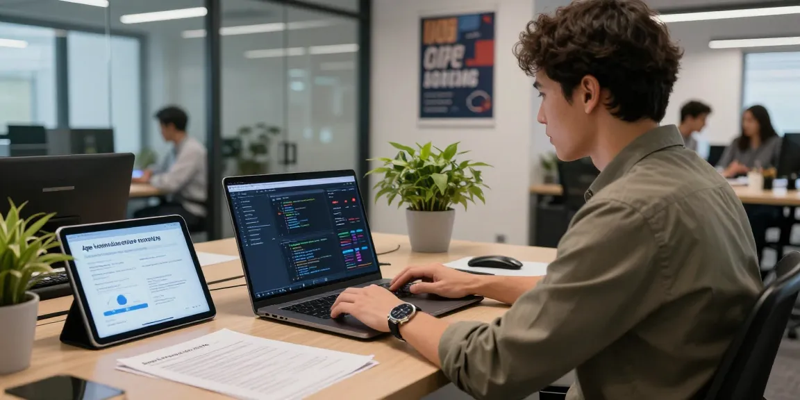 Data analyst utilizing an age verification system in a modern office environment showcasing compliance and technology.