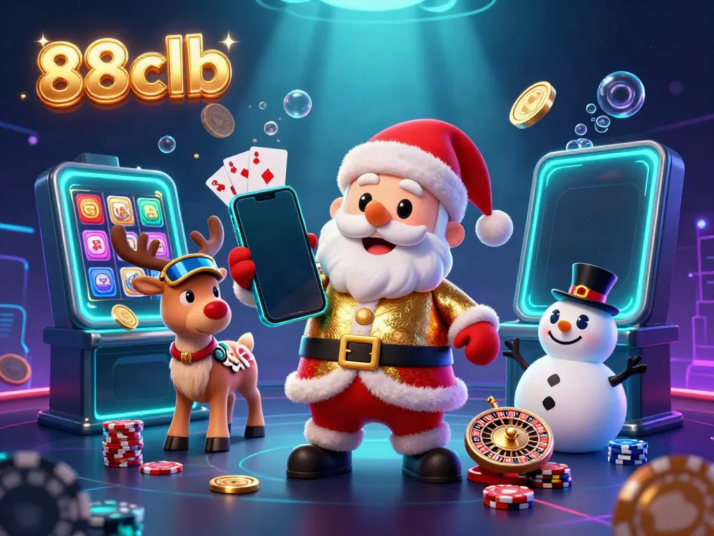 Experience the excitement of 88clb with Santa Claus holding jackpot slots on his smartphone amidst vibrant casino elements.