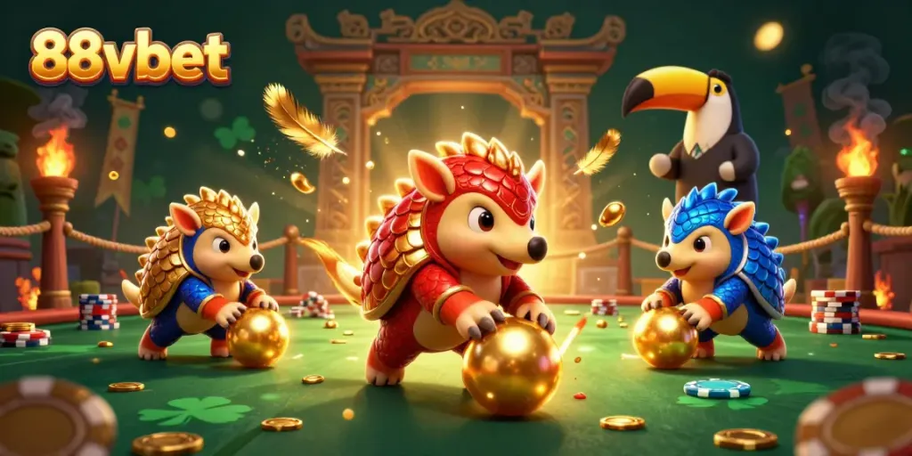 Experience thrilling gameplay at 88vbet with colorful pangolins rolling into golden balls amidst poker chips.