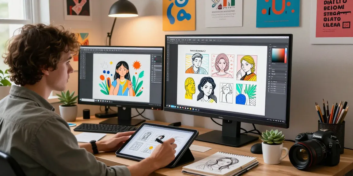Artist using Nano Banana 2 AI image editor in a vibrant digital workspace with creative elements.