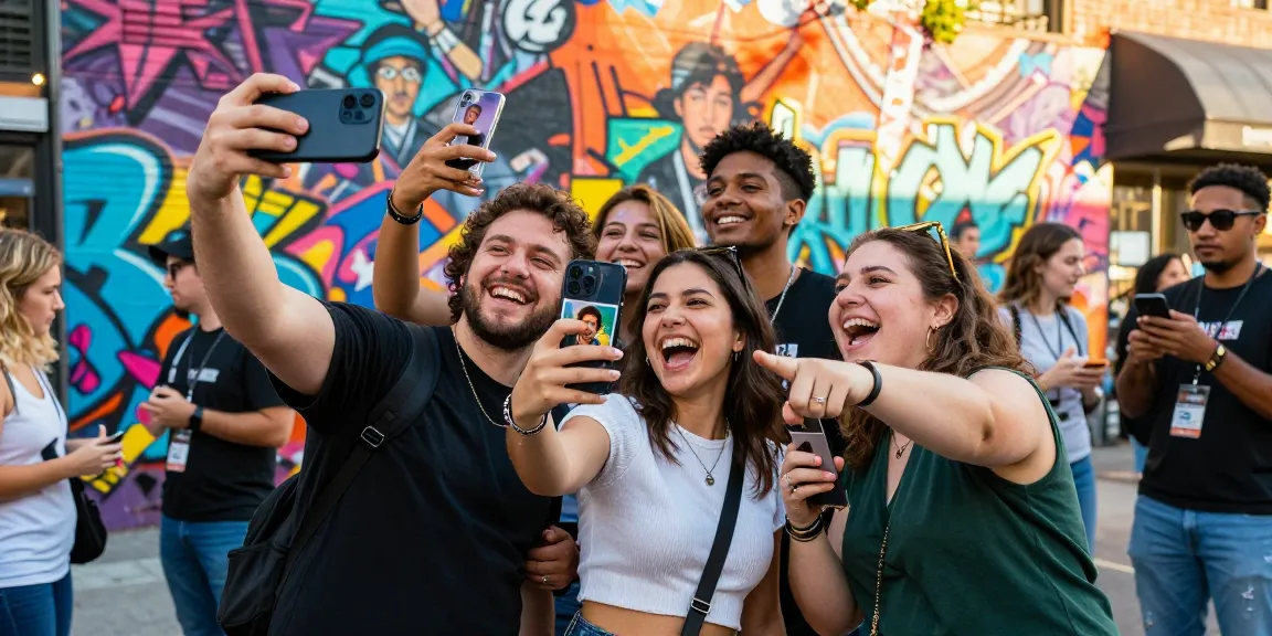 Friends excitedly sharing celebrity look alike selfies, discovering celebrities that look alike in a vibrant urban setting.