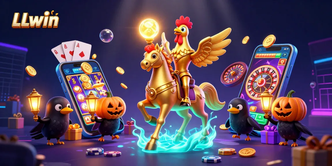 LLwin's vibrant casino scene showcases a golden rooster headless horseman amidst dynamic gaming elements.