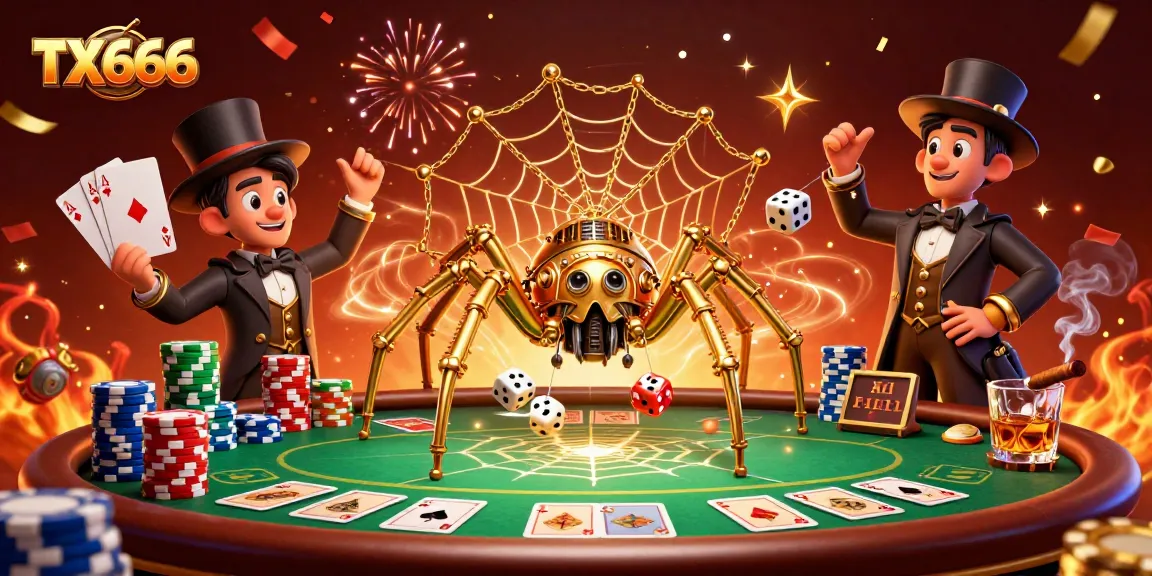 Experience thrilling moments with TX666 as the steampunk spider captures dice in a golden web.