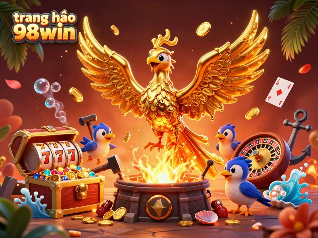 Experience excitement at trang chủ 98win with golden phoenix and gambling elements exploding into view.
