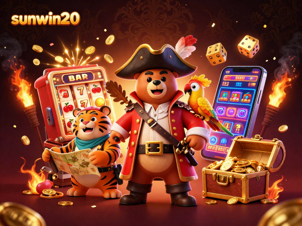 Experience thrilling adventures with sunwin20 and winning jackpots in this vibrant casino illustration.