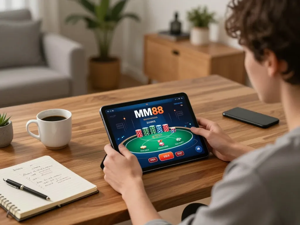 Engaging in poker gameplay on MM88 app on a stylish desk, highlighting the online gaming experience.