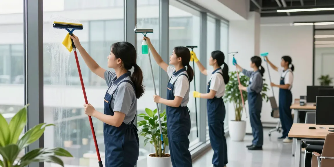Professionelle Gebäudereinigungsfirma bei der Fensterreinigung in einem modernen Büro.