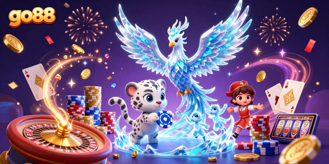 Engage with go88's vibrant casino world featuring a phoenix and magical ice sprites.