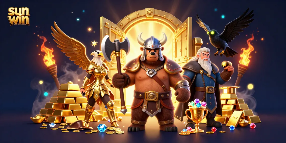 Experience the excitement of sun win as Viking characters battle for treasure in a casino-themed world.
