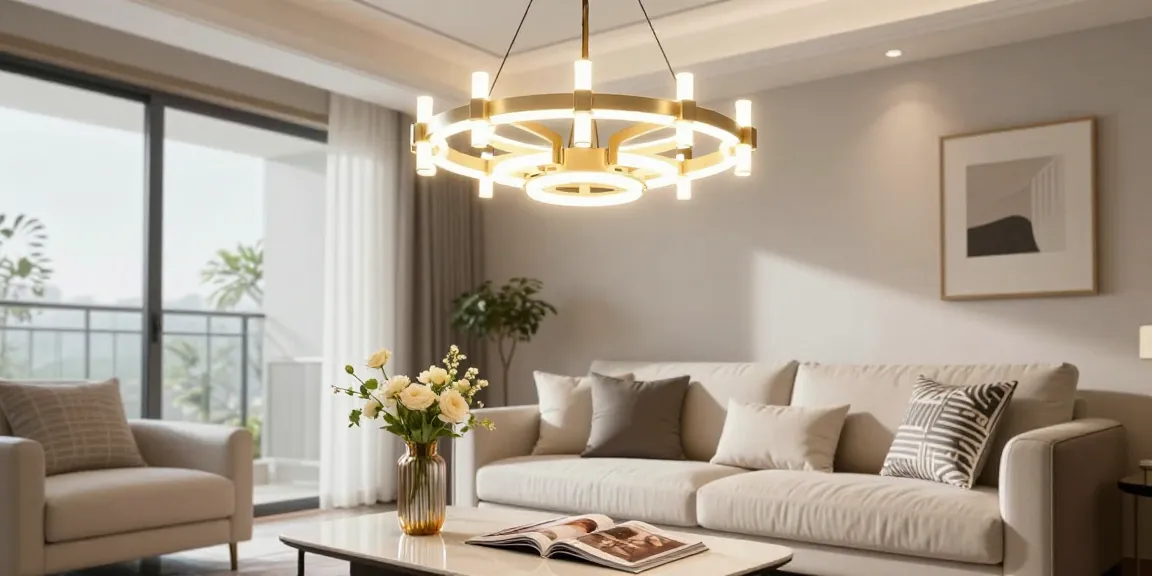Candelabru LED modern, iluminând elegant un living stylish, cu canapea confortabilă și decor rafinat.