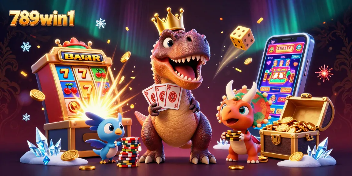 Join 789win1 for thrilling card games as a T-Rex shuffles cards amidst a jackpot explosion.