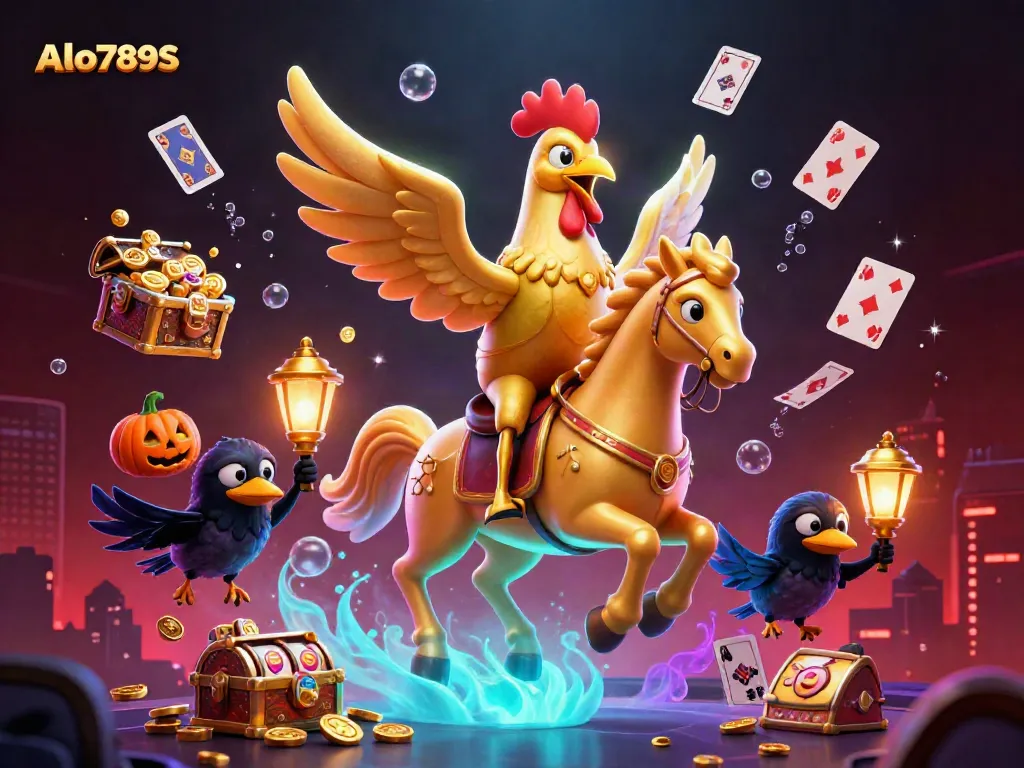 Alo789S dazzles with golden rooster and crow companions in a vibrant casino scene, capturing high-stakes betting excitement.