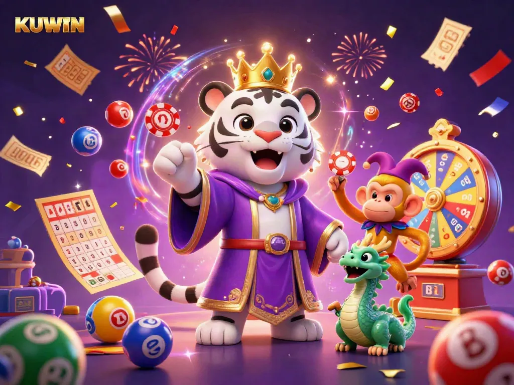Experience thrilling gameplay with KUWIN, featuring vibrant casino elements and whimsical characters celebrating wins.