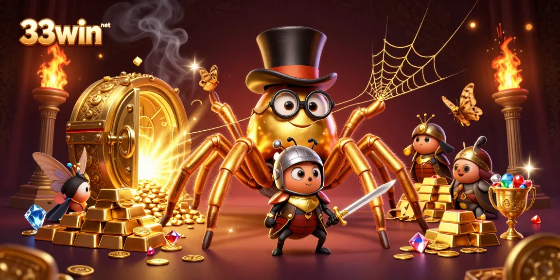 Engage in thrilling betting at 33win net as a brave beetle knight faces a giant tarantula in a lavish casino.