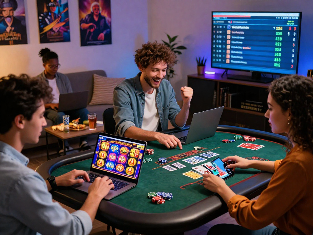 Giocatori intenti a divertirsi con la lista casino non AAMS in un'accogliente casa, vincendo ai giochi online.