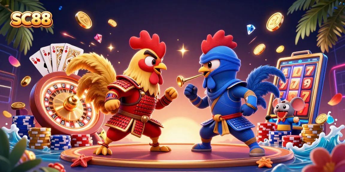 Engage with SC88 in a dramatic showdown between roosters in armor, surrounded by dynamic casino elements.