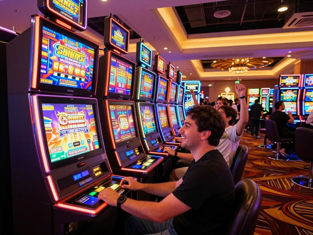 Players enjoying vibrant slot machines at MM 88 casino under warm neon lights