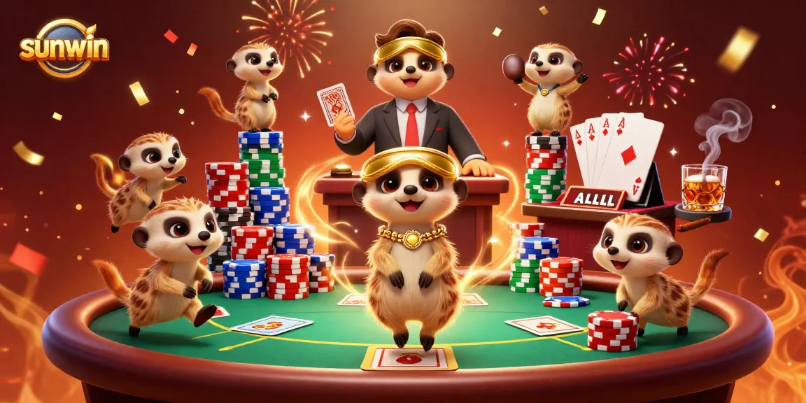 Experience the excitement of sunwin casino with meerkats running games, poker chips, and a festive atmosphere.