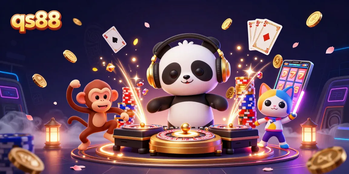 Experience winnings at qs88 with a vibrant 3D casino scene featuring animated characters and thrilling game elements.