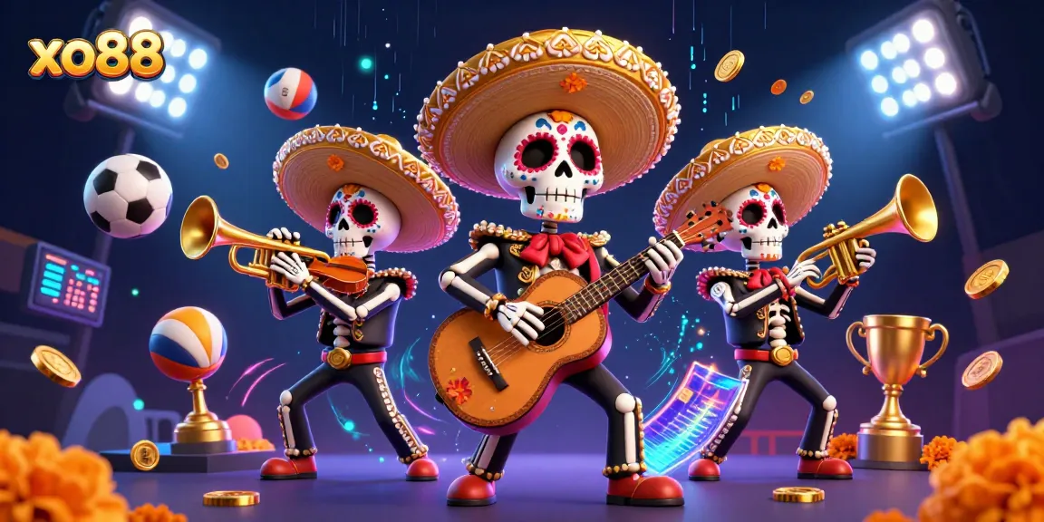 Engage with exciting betting action at xo88 with Día de los Muertos characters and sports elements.
