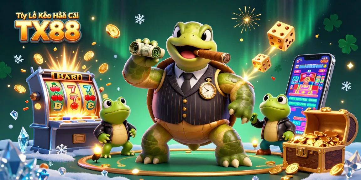 Tỷ Lệ Kèo Nhà Cái TX88 showcases a vibrant 3D illustration of a turtle mobster surrounded by casino elements.