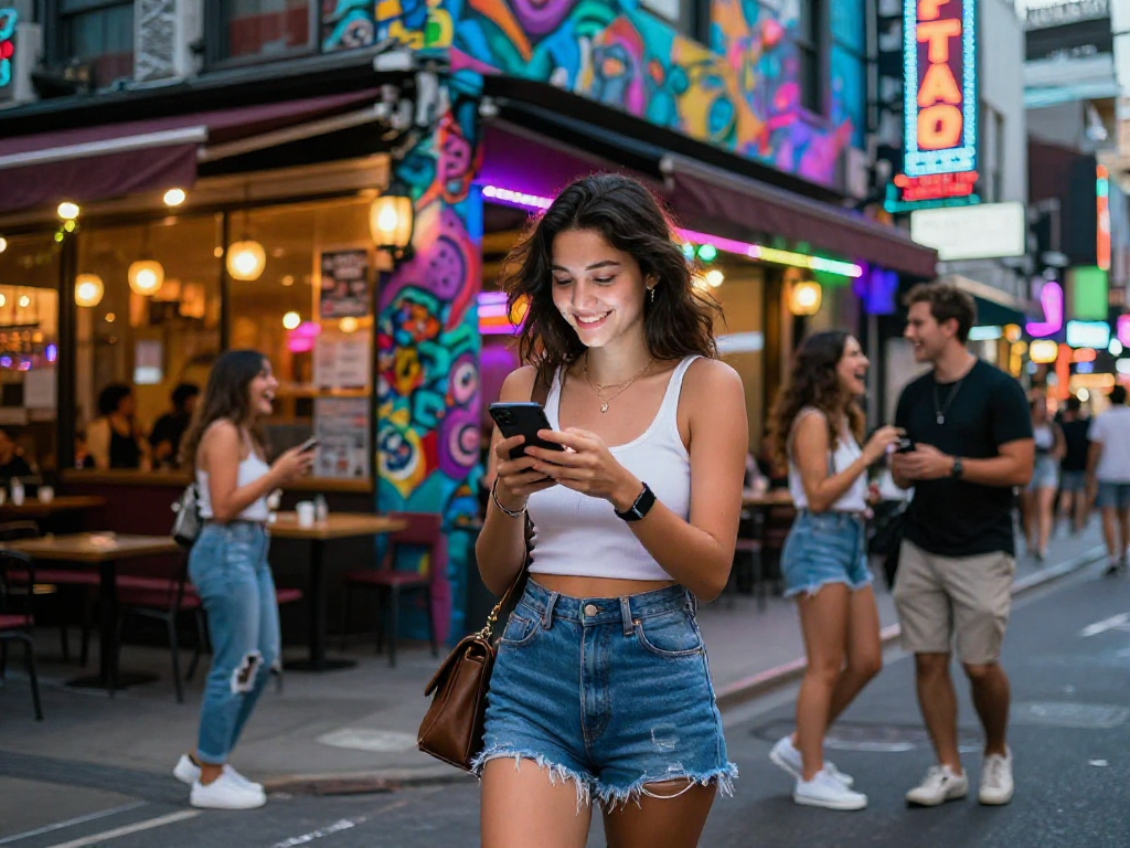 Gái gọi tận hưởng cuộc sống về đêm, tạo dáng năng động trong ánh đèn neon.