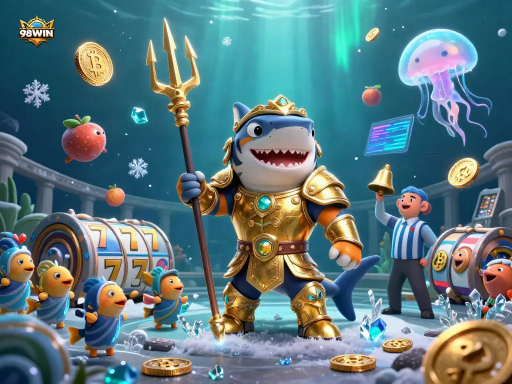 Experience the thrill of 98WIN with a colorful underwater casino scene featuring a tiger shark in gladiator armor.