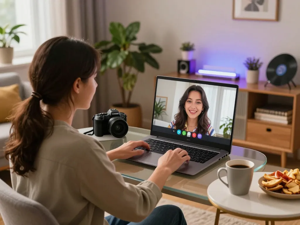 Engaging video chat showcasing an ai gf in a cozy tech-savvy home environment.