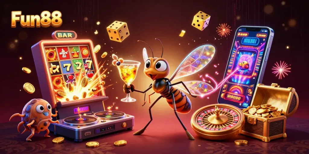Experience Fun88's vibrant casino world with a lively illustration of colorful characters and games.