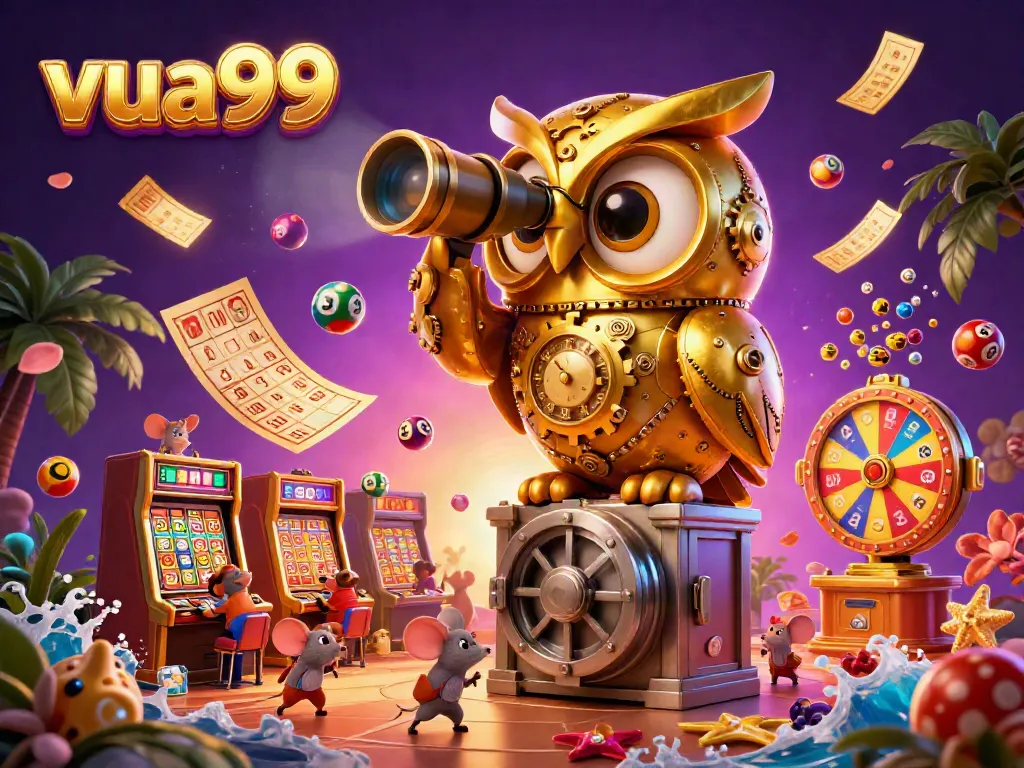 Experience vibrant gameplay at vua99 with colorful balls, a golden owl, and cheerful mice in a rich casino scene.