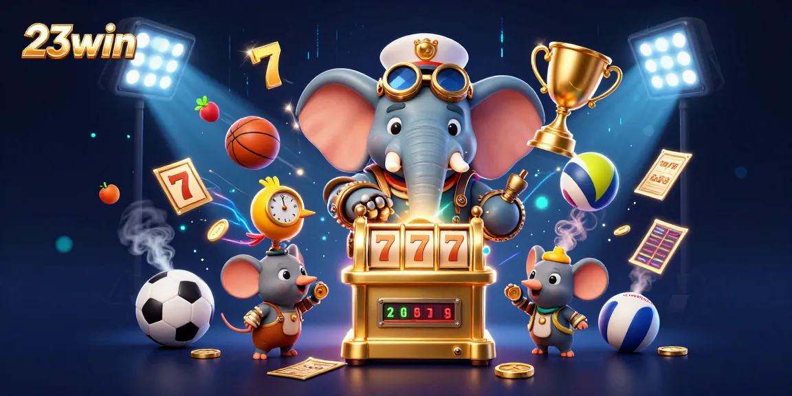 Experience 23win's engaging games with a dynamic illustration showcasing casino excitement and vibrant elements.