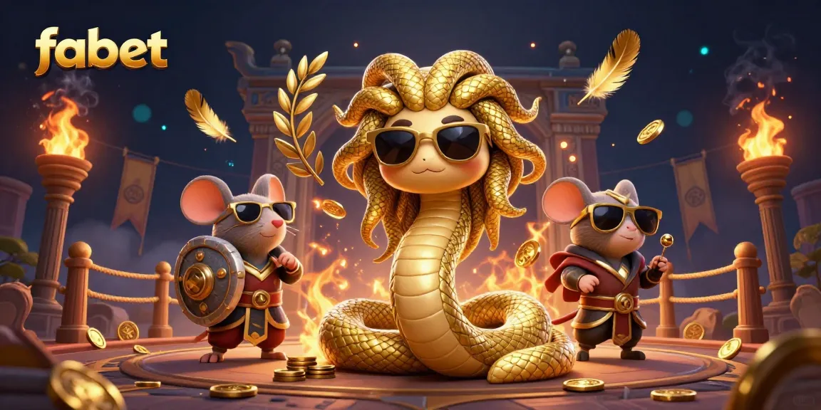 Engage with fabet's lively casino scene featuring Medusa and a warrior mouse amidst gaming elements.