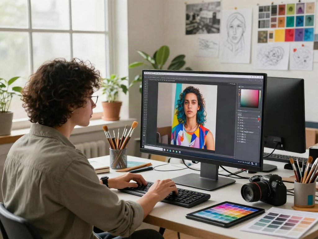 Artist using an ai image generator from image in a vibrant digital art studio, creating stunning artwork.