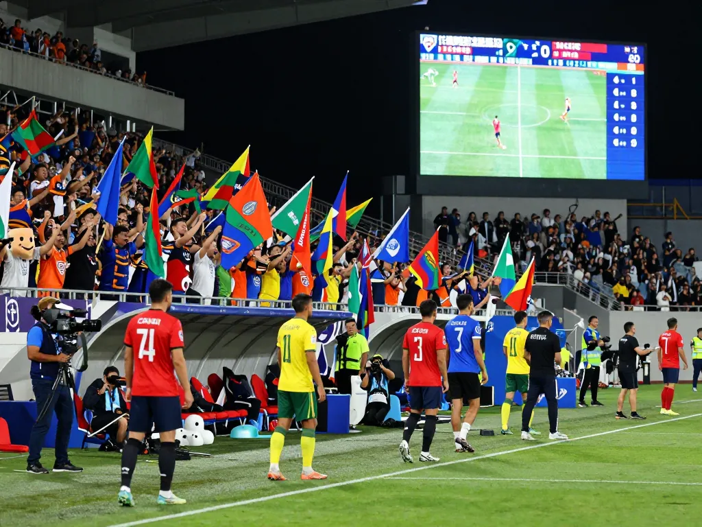 Fans cheering passionately during a soccer match with live nowgoal scores displayed.