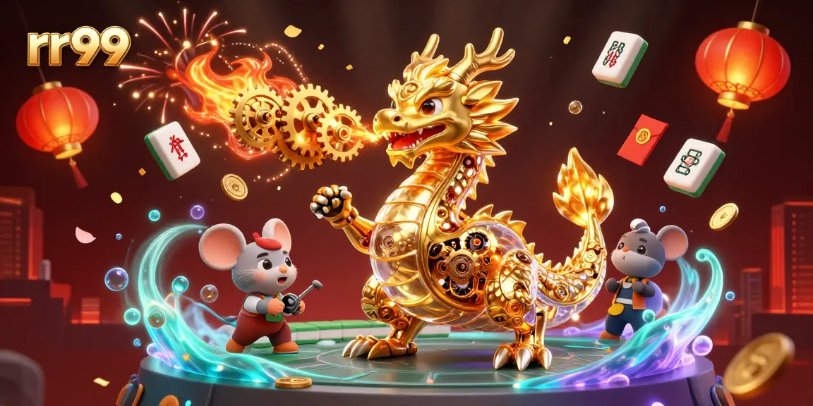 Experience the excitement of rr99 with a dynamic casino scene featuring a golden dragon and gaming elements.