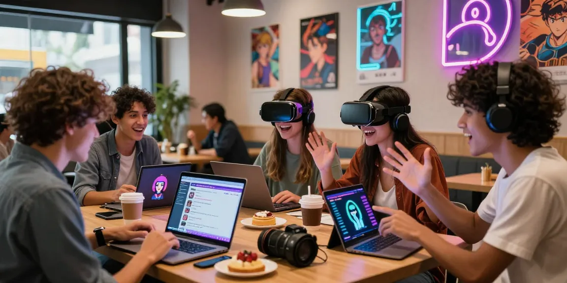Group enjoying AI ecchi chat interactions in vibrant digital café environment.
