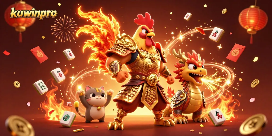 Engage with kuwinpro's exciting offerings featuring a fighting rooster and dragon in a dynamic casino scene.