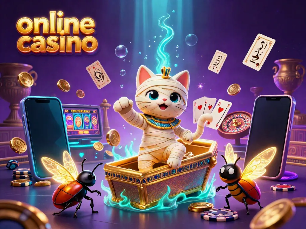 Experience the thrill of an online casino with a vibrant 3D scene featuring an Egyptian mummy cat amidst exciting games.