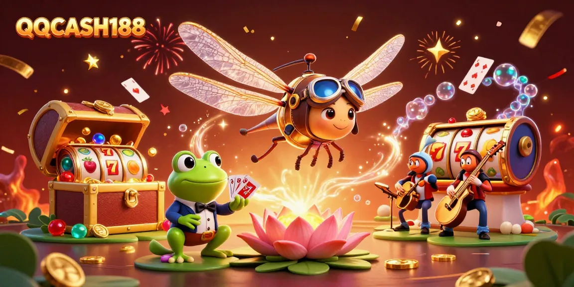 Experience the excitement of QQCASH188 with a vibrant casino scene featuring unique characters and rich details.