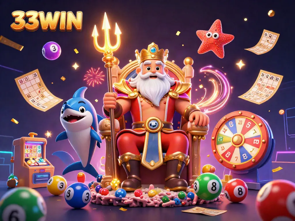 33WIN: Experience the thrilling excitement of lottery-themed gaming with vibrant characters and elements.