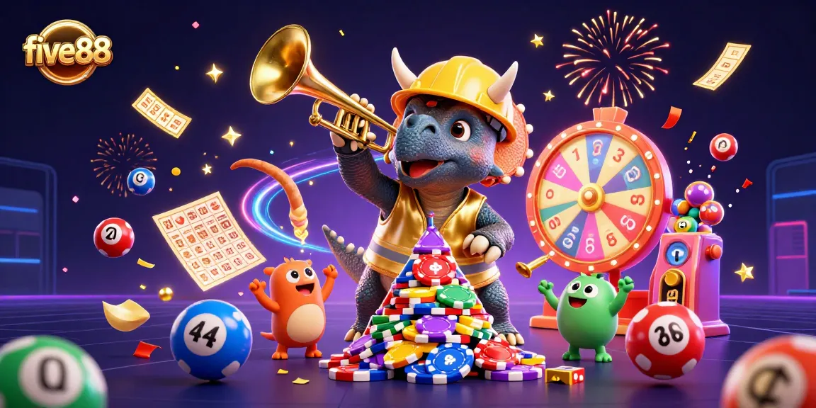 Experience excitement with five88 as a triceratops builds poker chip pyramid amid lottery festivities.