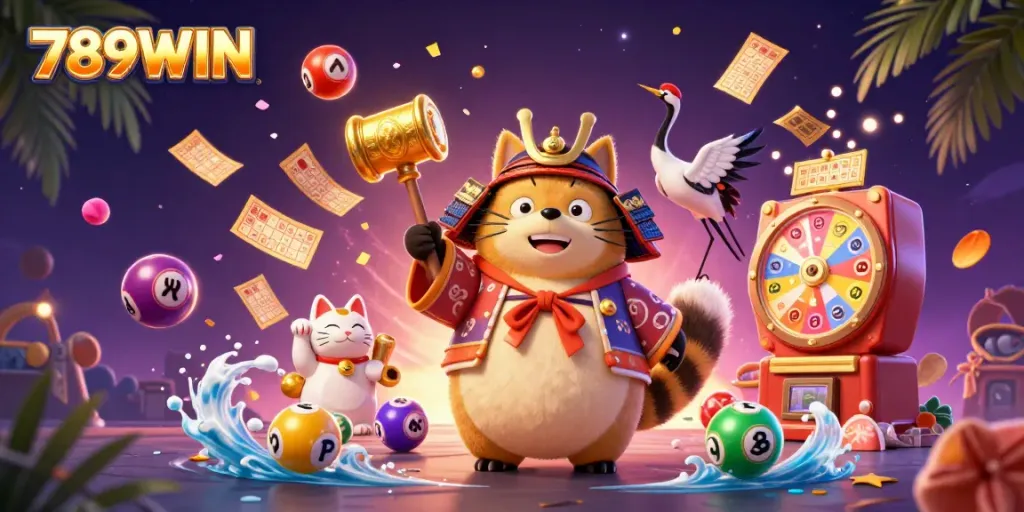 Experience excitement with 789WIN featuring cheerful tanuki and lucky symbols in a vibrant casino scene.