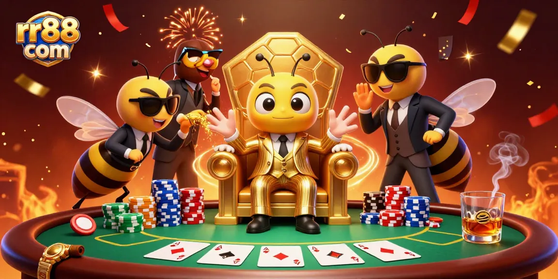 Experience the thrill at rr88 com with a vibrant 3D casino scene featuring unique characters and rich gambling elements.