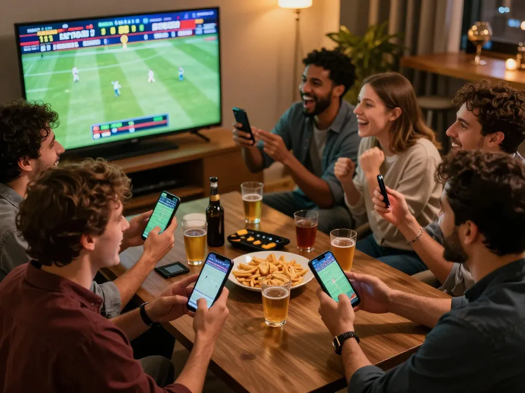 Friends enjoying online sports betting strategies on mobile app while watching live game, keonhacaii camaraderie and excitement.