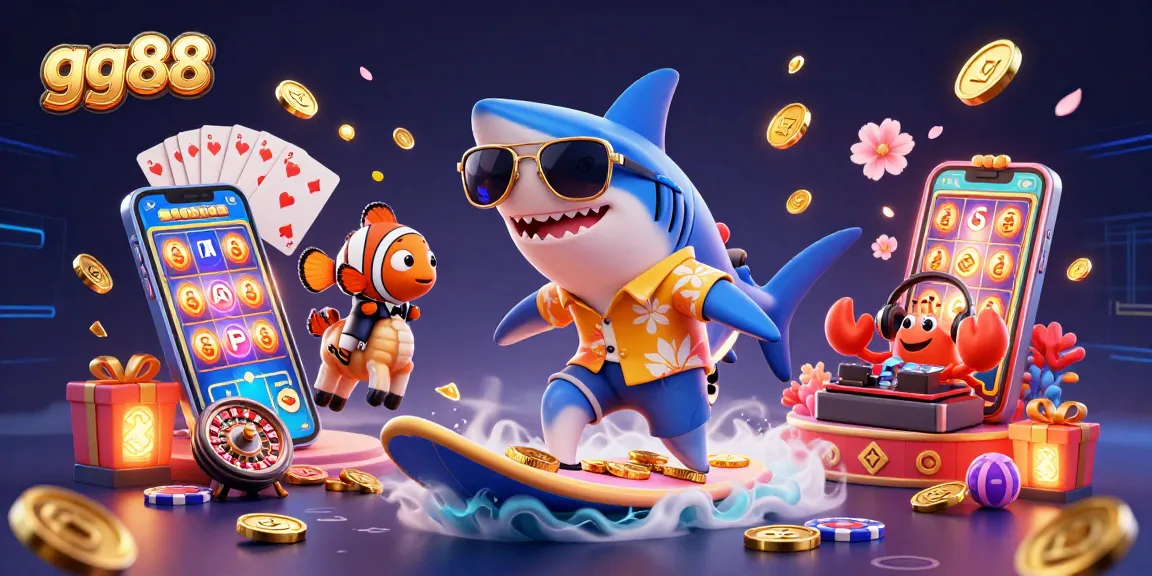Experience exciting gameplay at gg88 with a vibrant casino scene featuring a shark and playful characters amid roaring slot game action.
