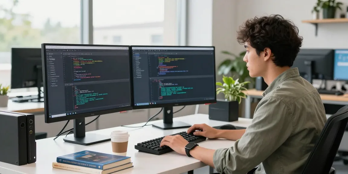 Developer coding the Telegram Download app in a modern tech workspace.